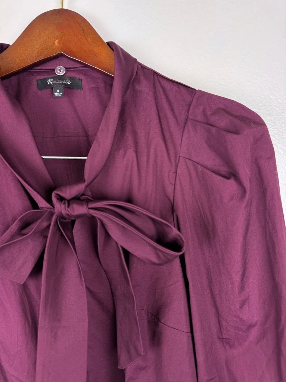 Madewell V-Neck Cotton Button Front Removeable Necktie Top Burgundy Size S NWOT